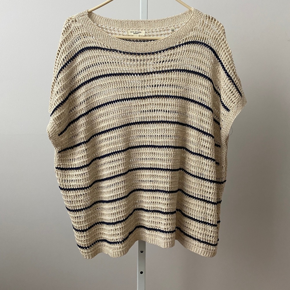Max Studio Coastal Preppy Neutral L Beige Striped Crochet Knit Sweater Top
